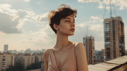 Stylish short-haired woman in a fitted dress, standing on a stylish rooftop.