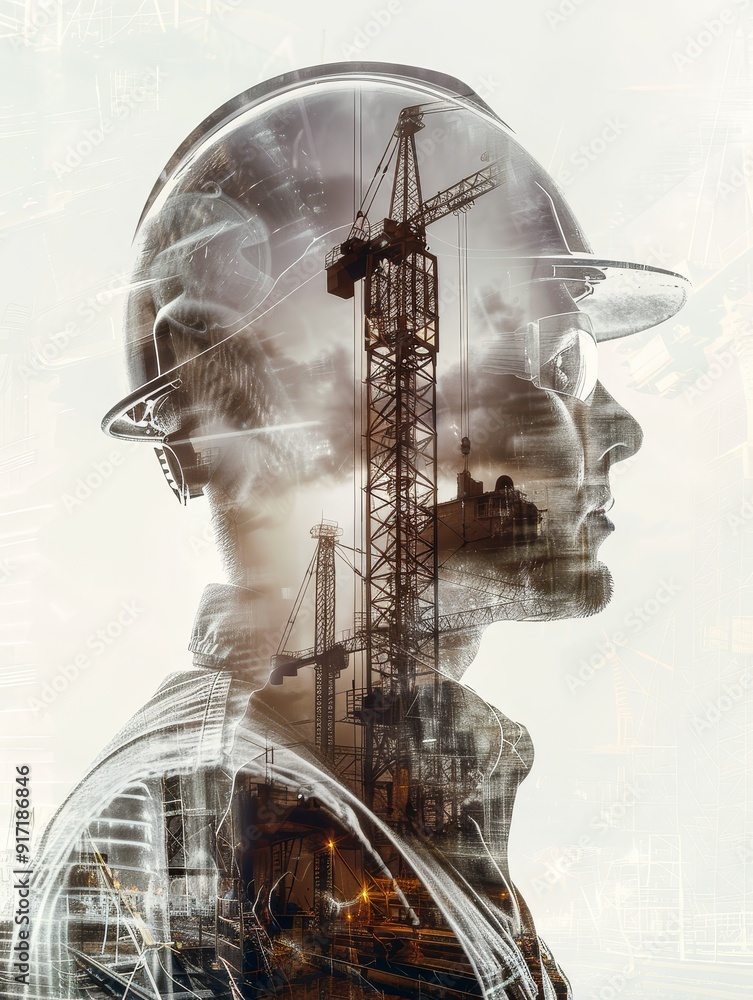 Poster create a dynamic stock photo featuring a double exposure of an engineer wearing a hard hat, skillful