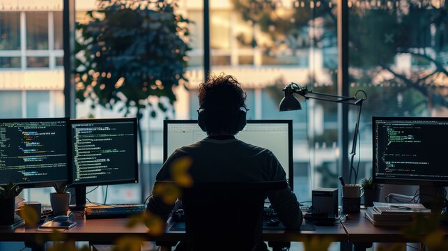 Create a stock photo featuring a silhouetted computer programmer working intensively at a desk, surrounded by an intricate mix of code on multiple monitors and essential job background elements, in a 