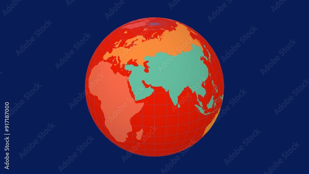 Poster spinning planet. slanted sphere view. moderate speed globe rotation. colored continents style. world