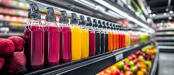 Vibrant smoothie bottles arranged on a well-lit supermarket shelf with fresh fruits in the background