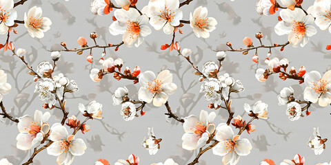 Seamless 3D Abstract Spring Natural Floral Blossom White, Orange Flower on a Branch Pattern With Delicate Plant and Flower Leaves Border on Lite Background