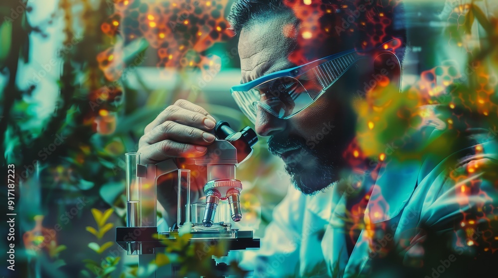 Poster botanist engaged in research framed in a double exposure effect combining vibrant plant life and sci