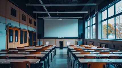 Fototapeta premium University classroom equipped with modern technology and projection screens.
