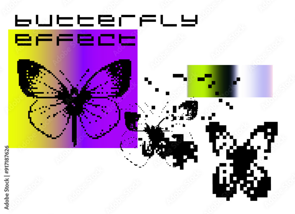 Poster pixel art collage with images of distorted butterfly silhouettes. illustration in webcore aesthetics