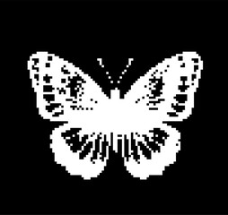 Pixel art of a butterfly on a black background. 1-Bit style illustration.