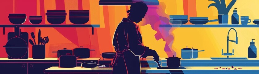A silhouette of a chef cooking in a modern kitchen. The vibrant colors and steam create a sense of warmth and energy. The image symbolizes passion, creativity, and the joy of cooking.