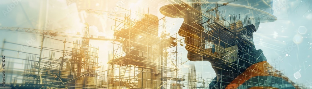 Aufkleber create a stock photo with a double exposure effect featuring a construction worker. blend the image 