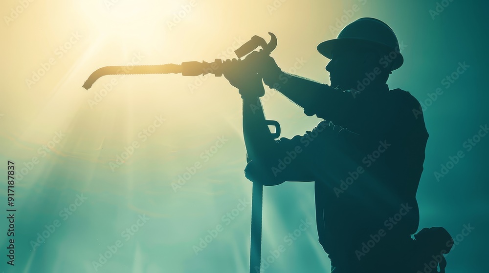 Poster plumber silhouetted against a minimal background with light gradients holding a wrench and pipe, cap