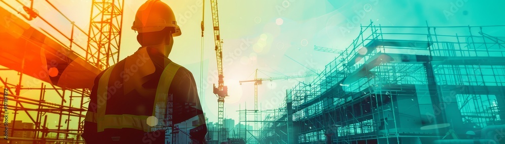 Poster a silhouette of a construction worker wearing a hard hat and safety vest, standing on a scaffolding 
