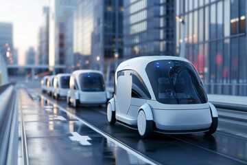 Fototapeta premium Futuristic self-driving cars on a modern city road, illustrating autonomous vehicle technology in an urban environment.