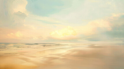 Fototapeta premium A painting of a beach with a cloudy sky and a small cloud in the middle