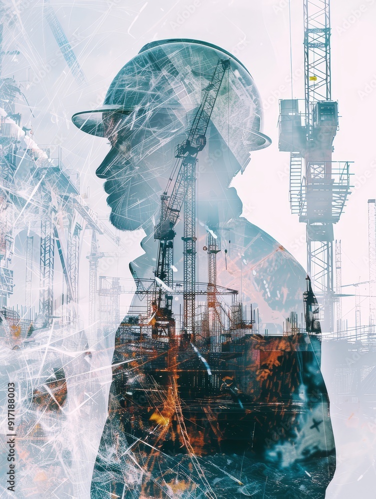 Poster create a compelling stock photo using double exposure technique featuring a diligent construction wo