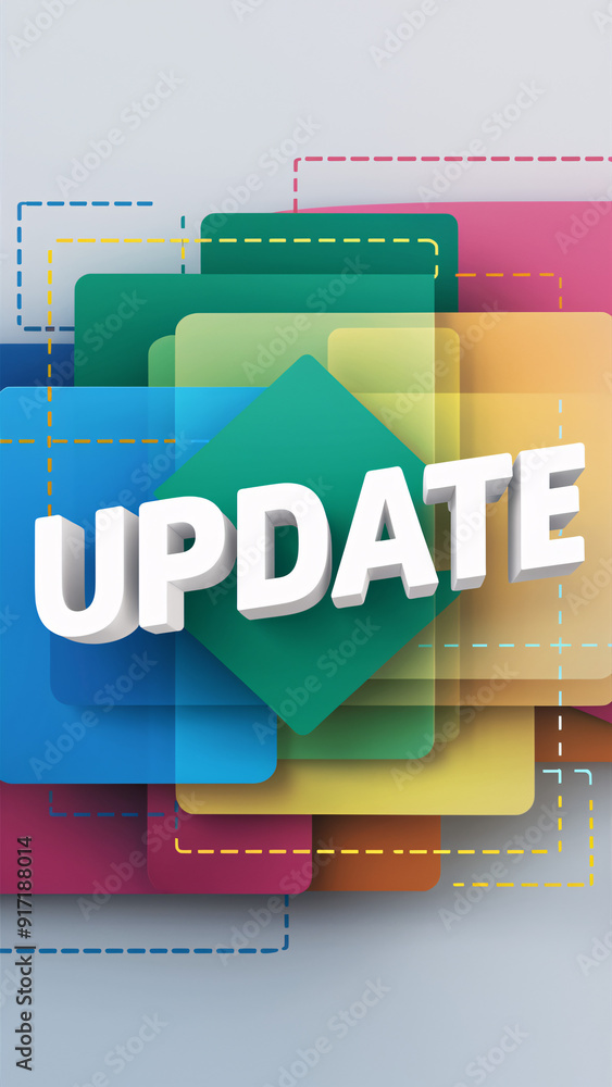 Poster update text with 3d effect on layered transparent squares and dashed line background – modern and ge