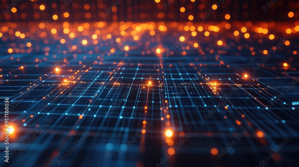 Poster 3d wireframe grid with glowing nodes, tech-inspired background