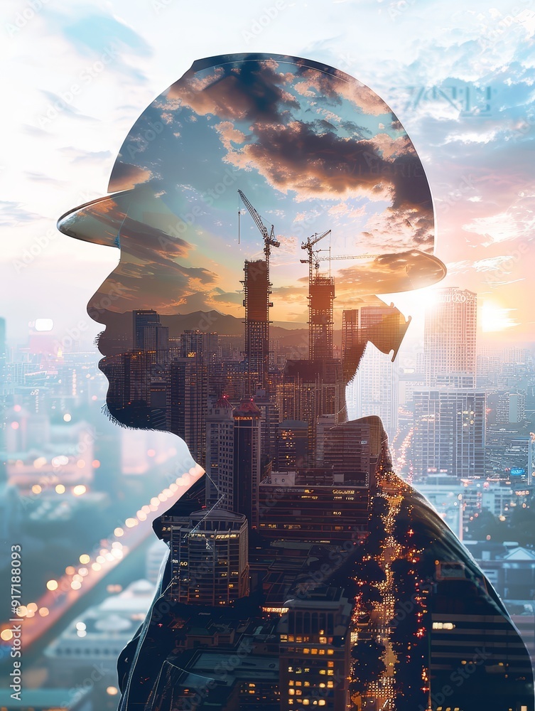 Aufkleber create a compelling stock photo of an urban construction worker using double exposure techniques to 