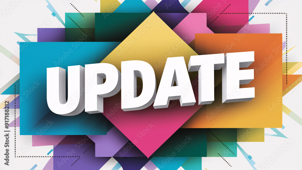 Aufkleber update text with bold 3d effect on colorful layered geometric background – dynamic and modern design