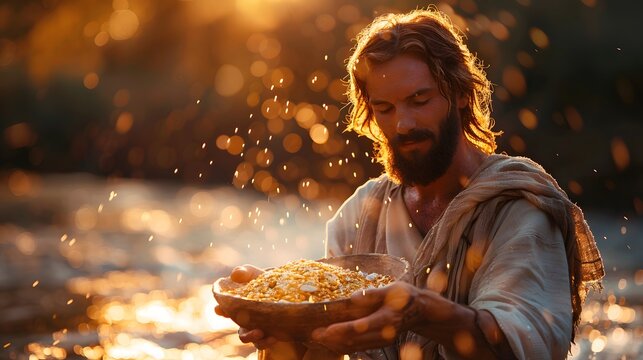 Jesus blessing five loaves and two fish, serene atmosphere with soft lighting, detailed textures on the food, background of a quiet riverside, warm light reflecting off the water, hd quality,