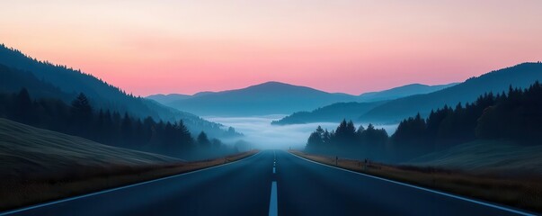 Scenic drive through a misty valley at dawn, with soft light breaking through the fog, capturing the peacefulness of an early morning road trip