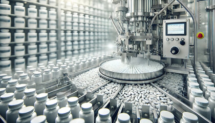 Obraz premium Automated Pharmaceutical Production Line in a Modern Manufacturing Facility, Showcasing Advanced Medicine Production, Industrial Automation, and Cutting-Edge Technology in the Pharmaceutical Industry