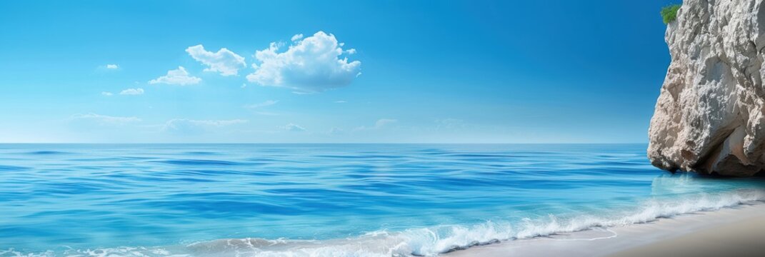 Tranquil beach scene with clear blue water and rocky cliff under a bright sky, perfect for vacation and summer themes.
