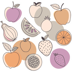 Set of fruits simple icons in pastel color. Abstract cartoon fruit stickers. Cooking tasty and healthy fruits and food design.banana, watermelon, pearl, Peach, apples.
