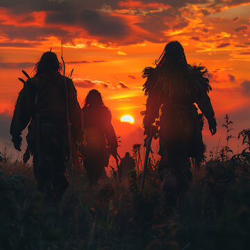 Dawn breaks over horizon group of young hunters a nomadic tribe sets out into the untamed wilderness armed with nothing but primitive weapons and a fierce determination to provide for their families