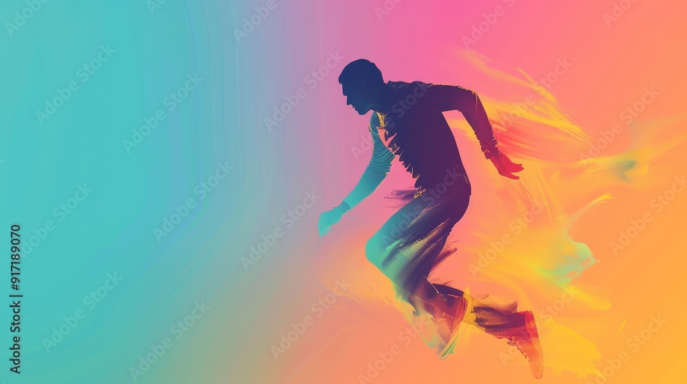 Poster athlete in motion, double exposure effect blending a dynamic action pose with a colorful gradient ba