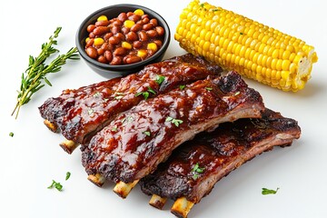 BBQ ribs with corn on the cob and baked beans isolated on a white, top view
