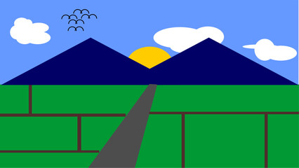 A simple landscape image with two mountains and the sun in the middle, as well as roads, rice fields, clouds, blue sky and birds. As drawn by a child