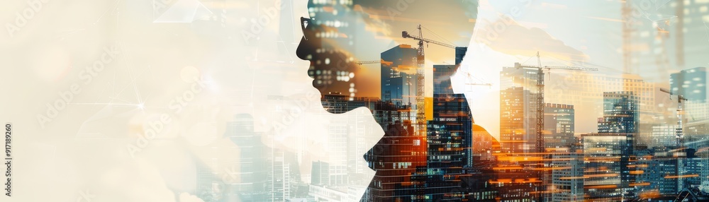 Poster expressionist double exposure image of an architect, seamlessly blending with a cityscape constructi