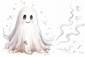 Cute white sheet ghost in watercolor on white background