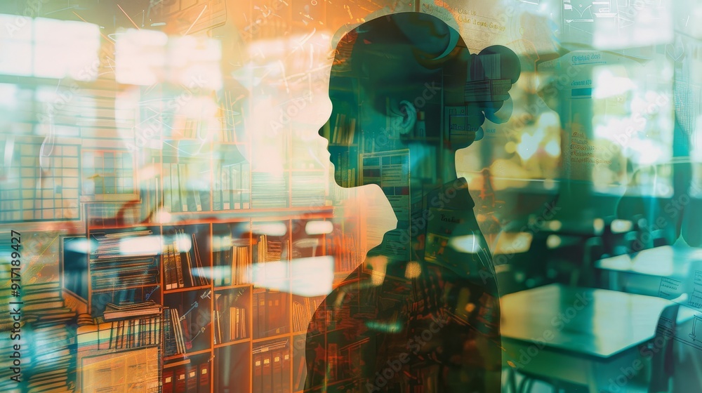 Aufkleber create a stock photo depicting a teacher in a double exposure style, seamlessly blending an image of