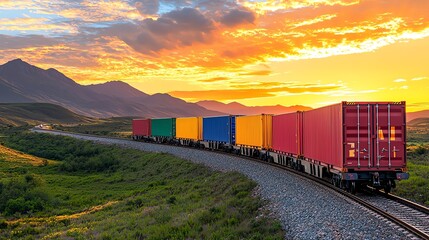 Fototapeta premium A vibrant cargo train travels along scenic tracks with colorful containers against a stunning sunset backdrop.