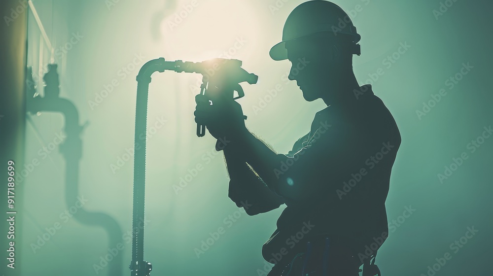 Poster plumber silhouetted against a minimal background with light gradients holding a wrench and pipe, cap