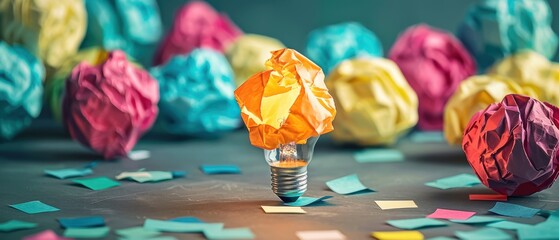 Creative light bulb made of crumpled paper, symbolizing innovation and new ideas against a colorful background of paper balls and confetti.