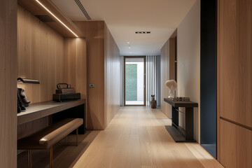 Obraz premium Warm and cozy wooden hallway with coat rack, bench, and desk, leading to a sunlit bedroom. Modern interior design with natural elements.