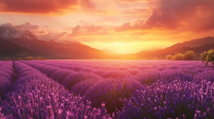 A breathtaking view of a lavender field bathed in the warm hues of sunset, creating a stunning landscape where nature beauty meets the golden hour