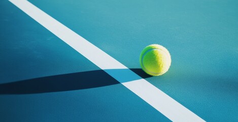 Sleek Contour: A Tennis Ball Resting on a Blue Court with White Lines, Exuding a Striking Visual Impact Through Minimalist Design and Bold Shadows