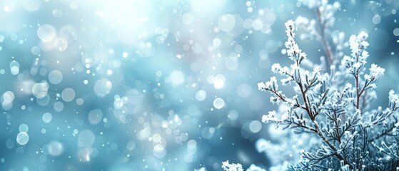 Beautiful winter scene with snow-covered branches and bokeh lights, creating a magical and serene holiday atmosphere.