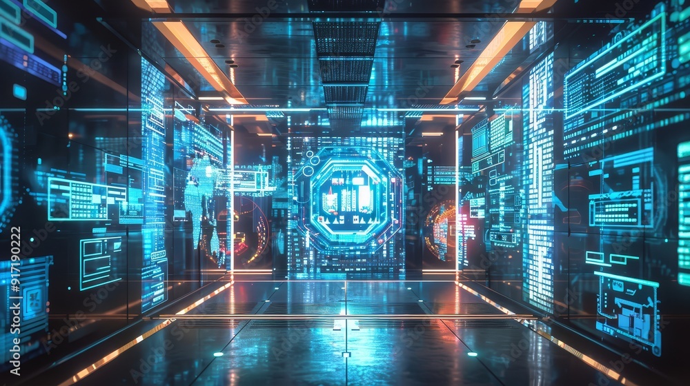 Poster a sleek, futuristic data center interior with holographic displays showcasing data streams, coding, 