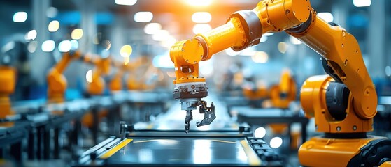 Industrial robotic arm in a factory setting with a focus on automation technology and modern manufacturing processes.