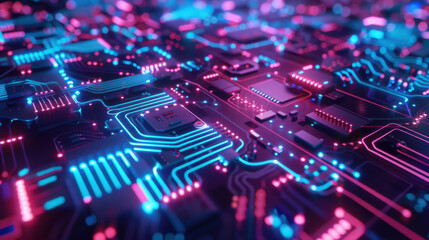 Obraz premium A futuristic neon-lit circuit board with glowing wires and electronic components, intense blue and purple lights, circuit board in the foreground, background fading into darkness
