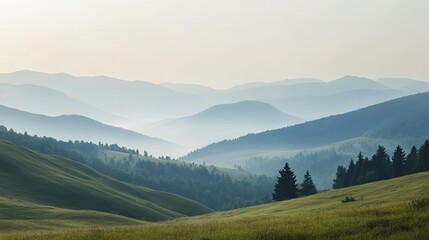 Obraz premium A peaceful landscape of the Carpathian mountains, with rolling hills disappearing into the haze, evoking tranquility and natural beauty.