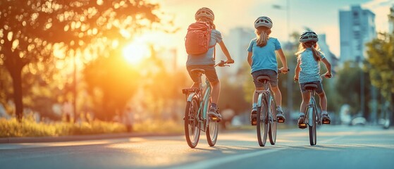 Pedaling Towards a Greener Future Happy Family Biking to School Promoting Environmental Awareness and Healthier Habits for Kids
