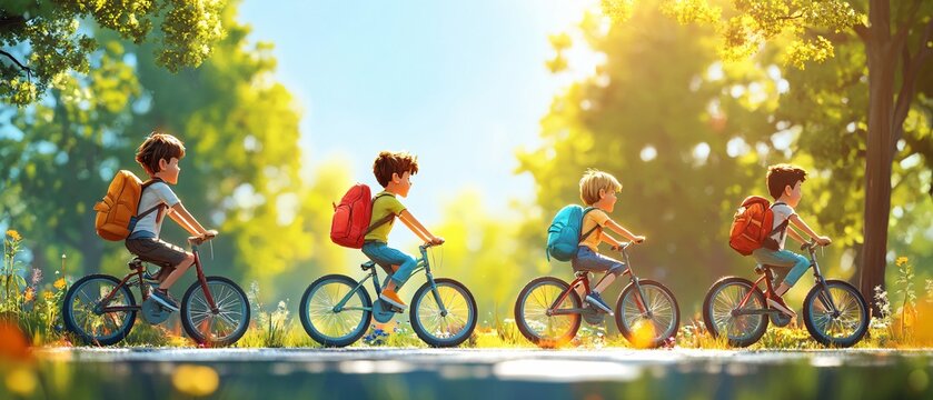 Eco-Friendly Kids Young students biking to school on a sunny morning with lush green trees, promoting healthy habits and sustainable transport. - Powered by Adobe