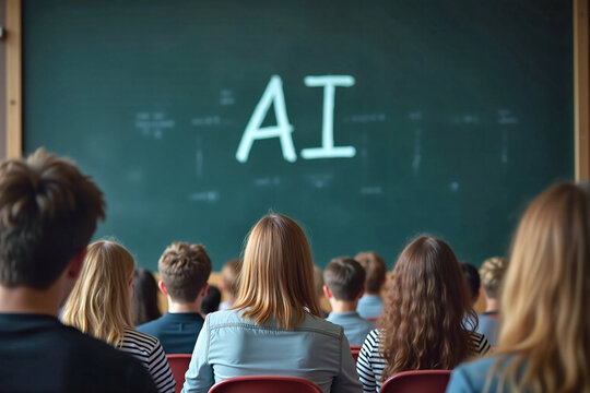 University students sitting in a lecture hall attending a course on artificial intelligence, learning the technology in their studies. AI classes taught in colleges, educating for the future.