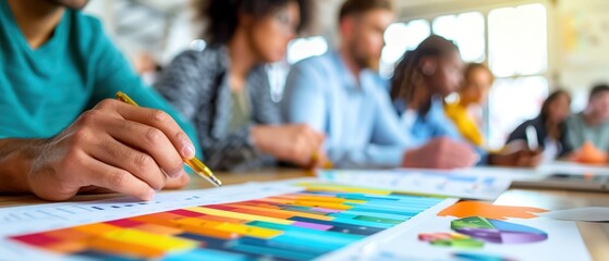 Close-up of a business meeting with diverse team analyzing colorful charts and graphs, brainstorming ideas in a modern office.