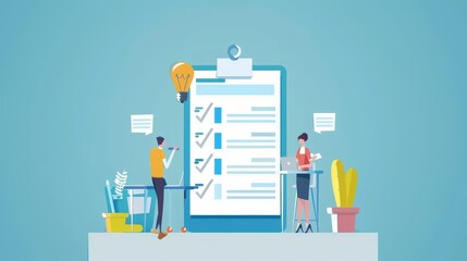 performance review schedule flat design side view assessment strategy theme animation complementary color scheme 