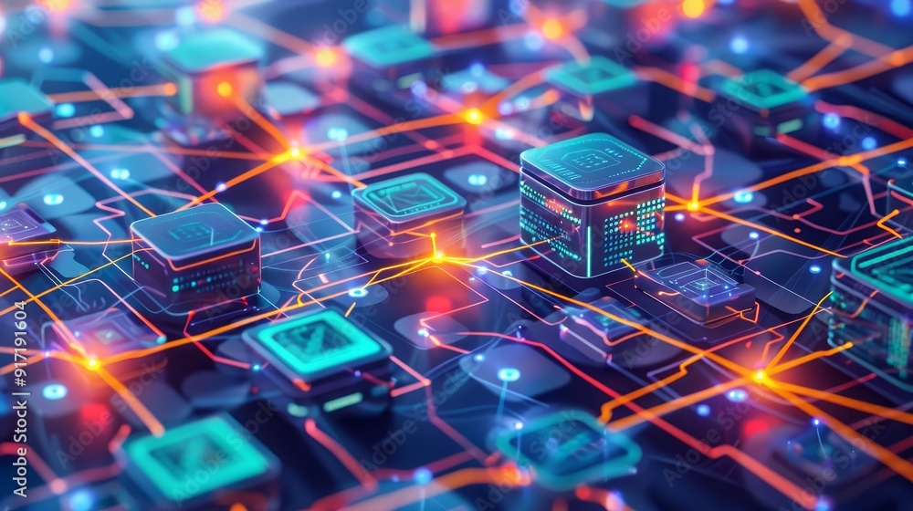 Poster a vibrant abstract representation of a technological network with glowing lines and nodes, symbolizi